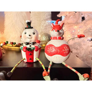 Christmas Shelf Sitters Set Snowman Cupcake & Fox Figurines | Holiday Decor